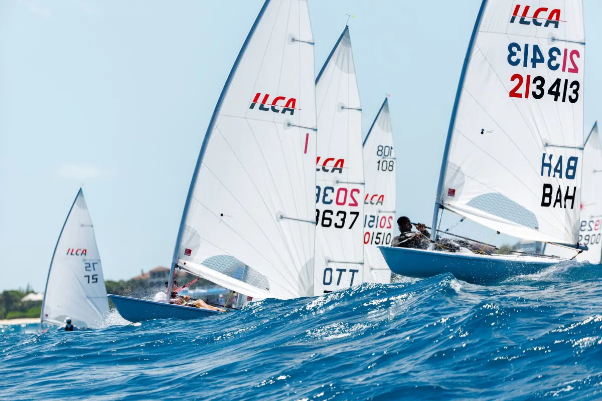 ILCA fleet racing upwind in Nassau
